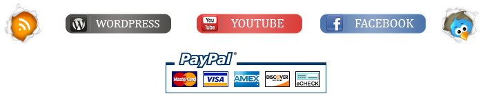 RSS,Wordpress, Youtube, Facebook, Twitter, Paypal, MasterCard, Visa, Amex, Discover and Check